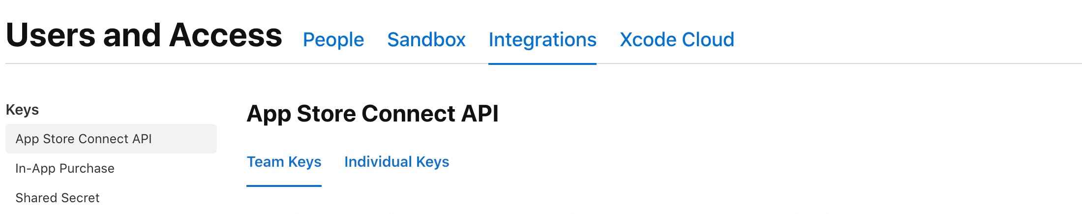 App Store Connect Integrations with App Store Connect API and Team Keys selected