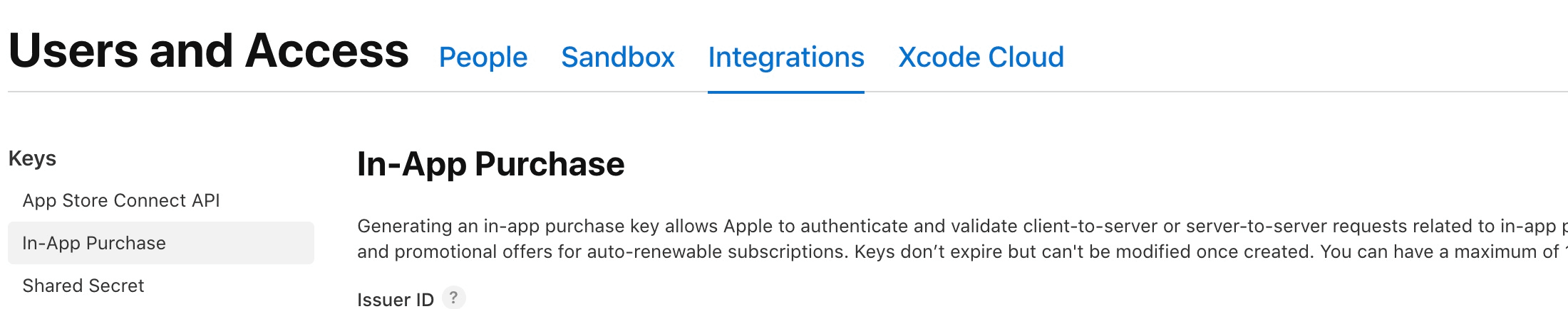 App Store Connect Integrations with In-App Purchase selected under Keys